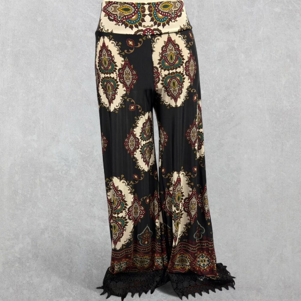 Y2K Black Paisley Print Stretchy Flared Pants w/ Lace Trim Hemline